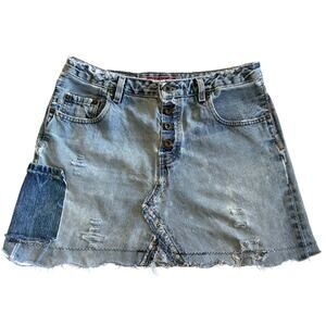 Vintage 90s Rework Silver Jeans Distressed Button Fly Denim Skirt Size 31 Grunge